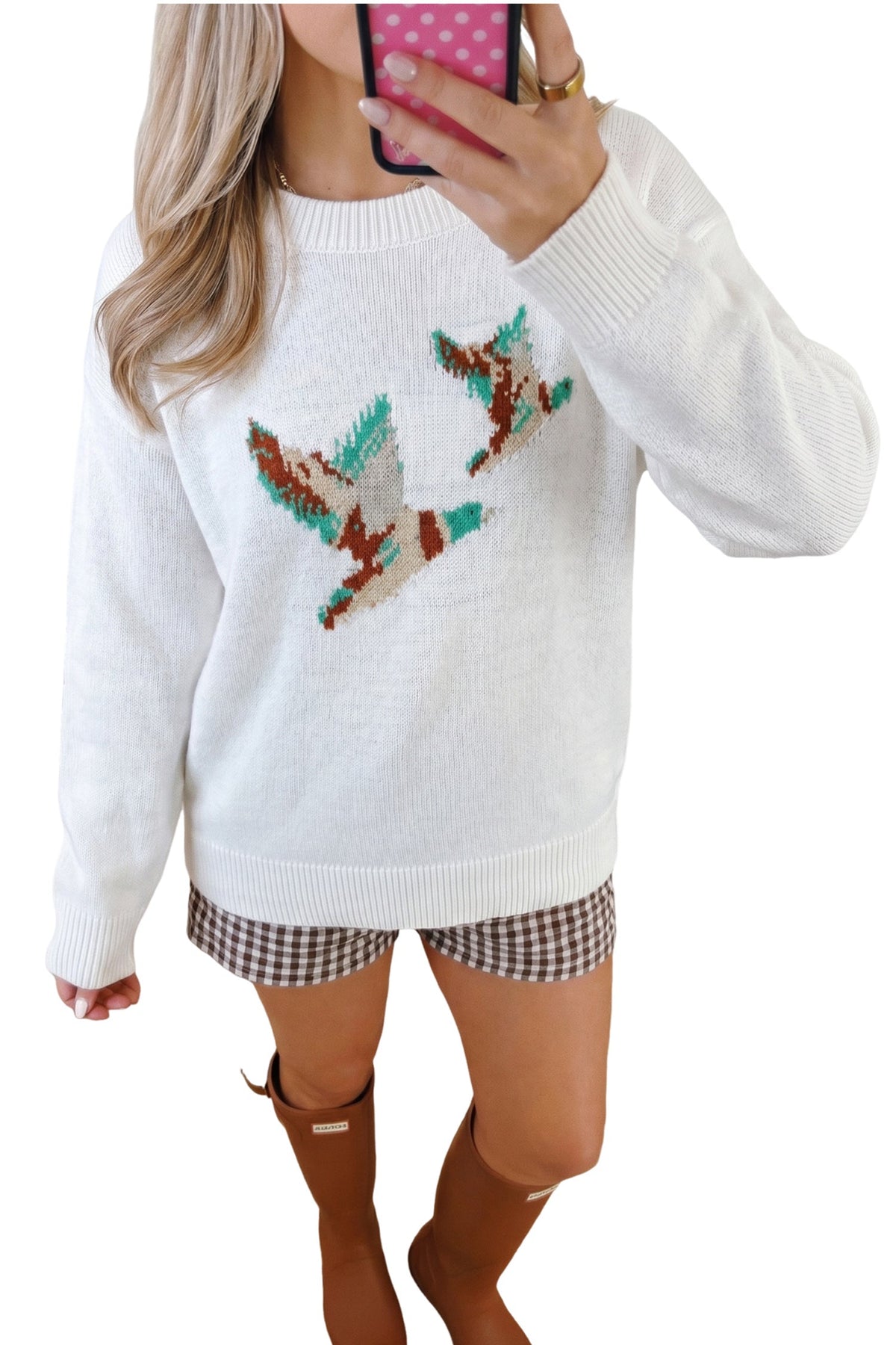 White Retro Flying Mallard Pattern Drop Shoulder Pullover Sweater