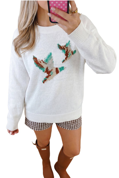 White Retro Flying Mallard Pattern Drop Shoulder Pullover Sweater
