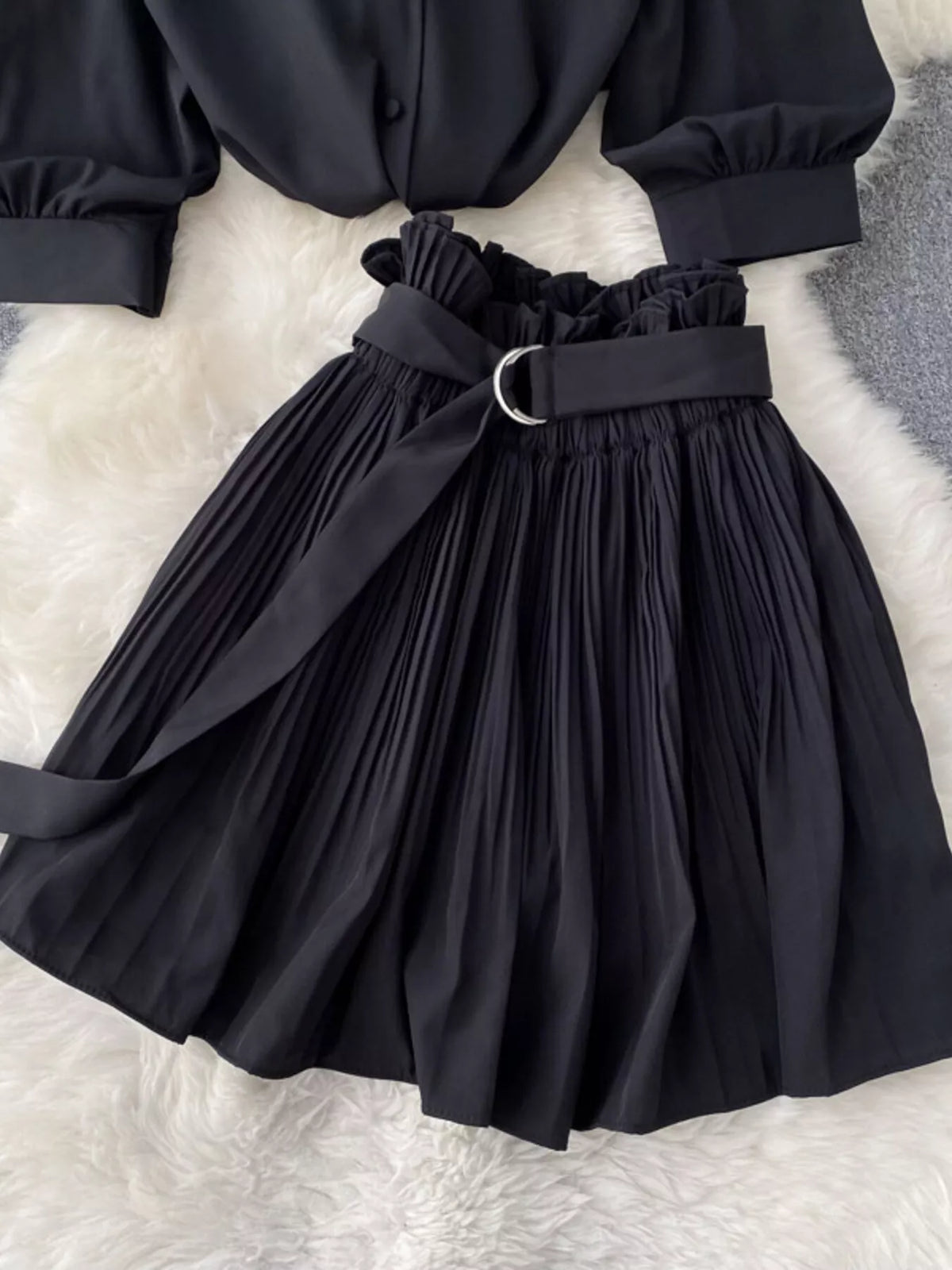 Puff Sleeve Shirt and Pleated Skirt Set