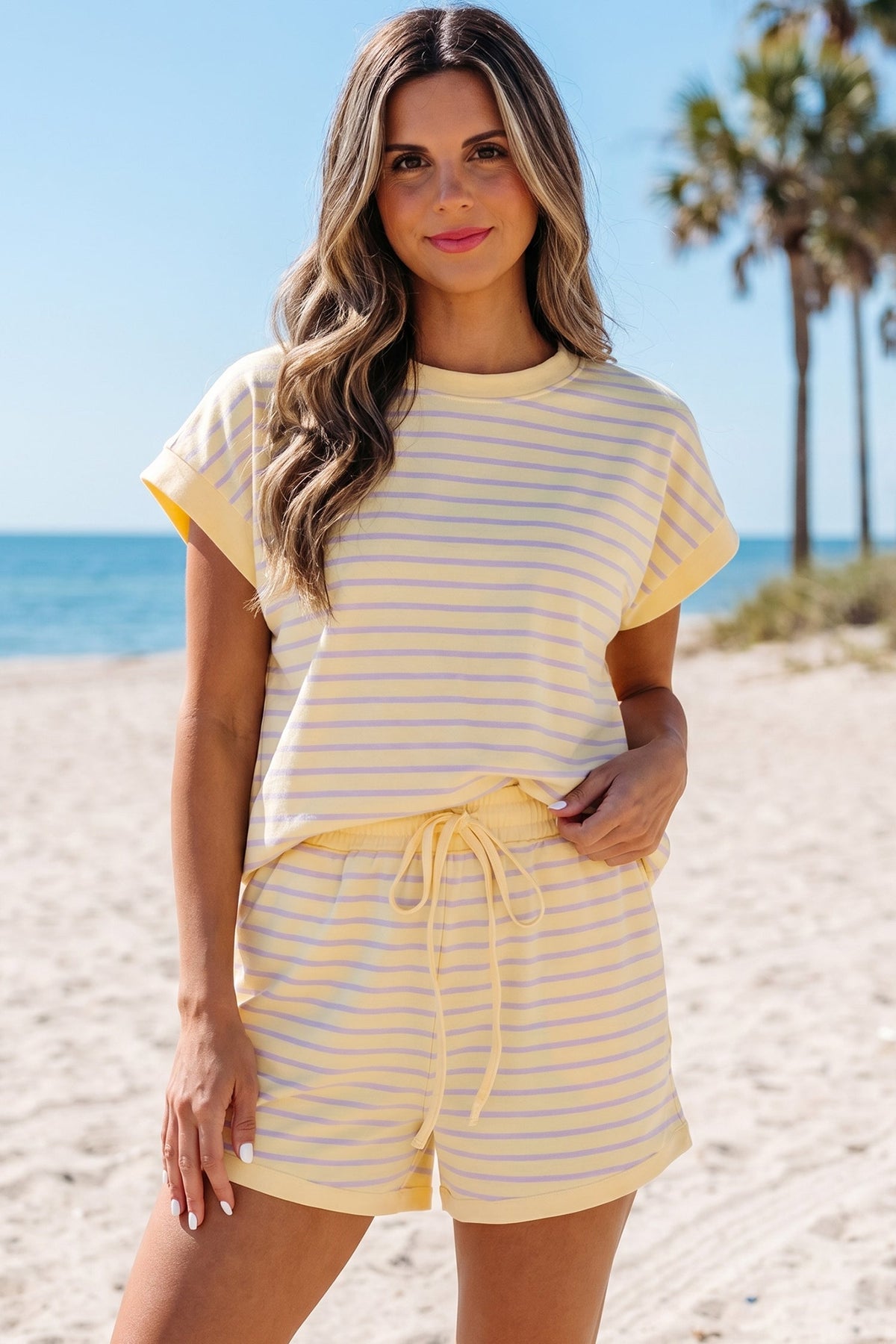Yellow Stripe Relaxed Tee Drawstring Shorts 2pcs Outfit