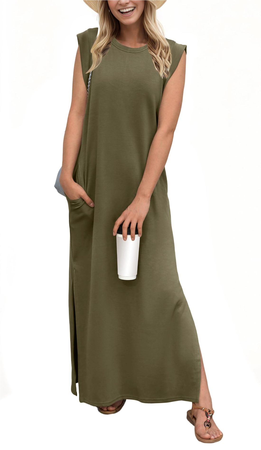 Women Round Neck Casual Loose Split Wrinkle-Free Long Maxi Beach Dress with Pockets