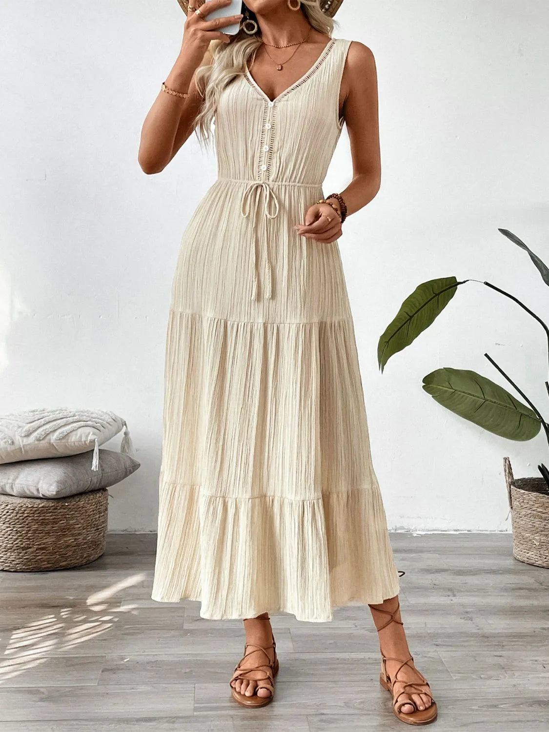 Decorative Button V-Neck Sleeveless Midi Tank Dress