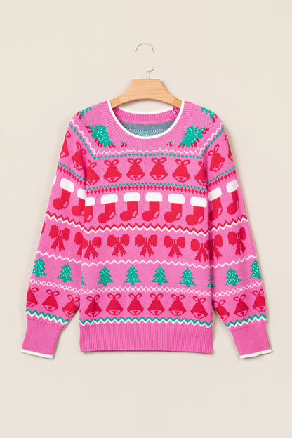 Pink Christmas Holiday Graphic Round Neck Knit Sweater
