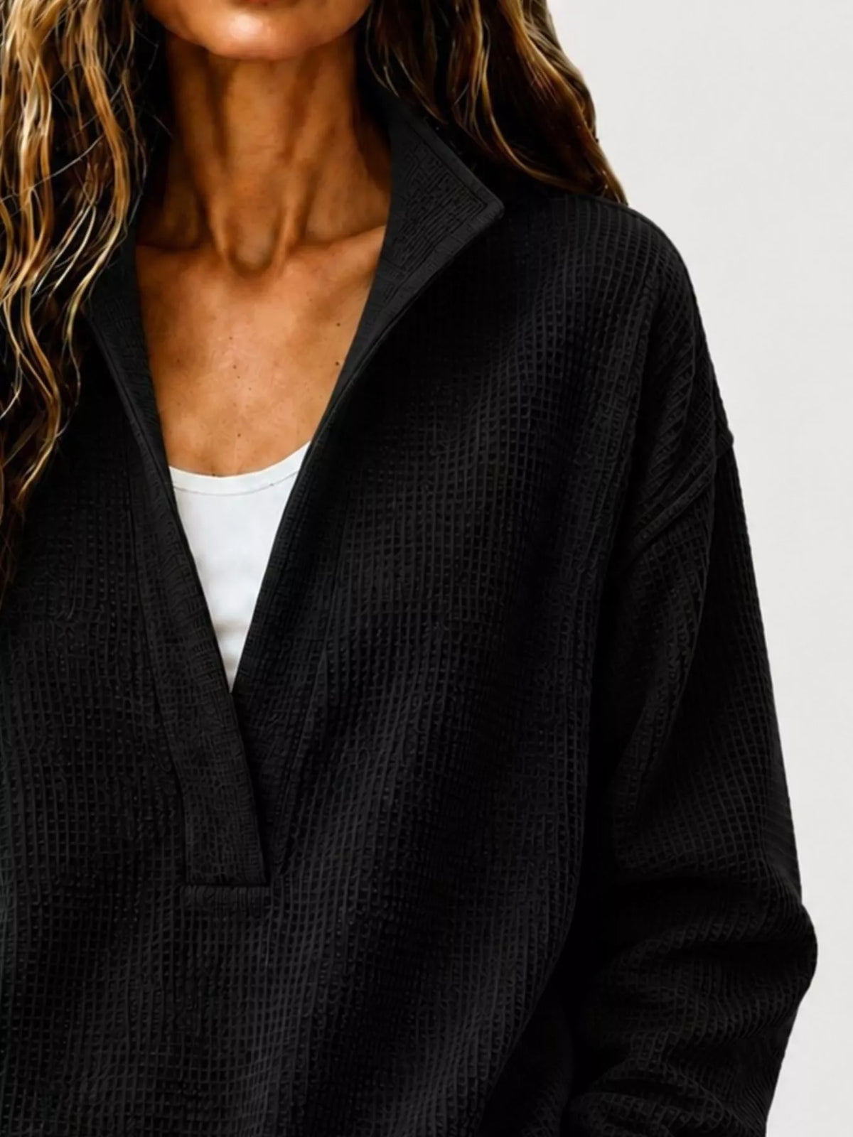 Full Size Waffle Knit Dropped Shoulder Sweatshirt Plus Size