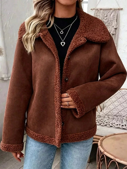Full Size Cozy Faux Suede Sherpa-Lined Button-Down Jacket Plus Size