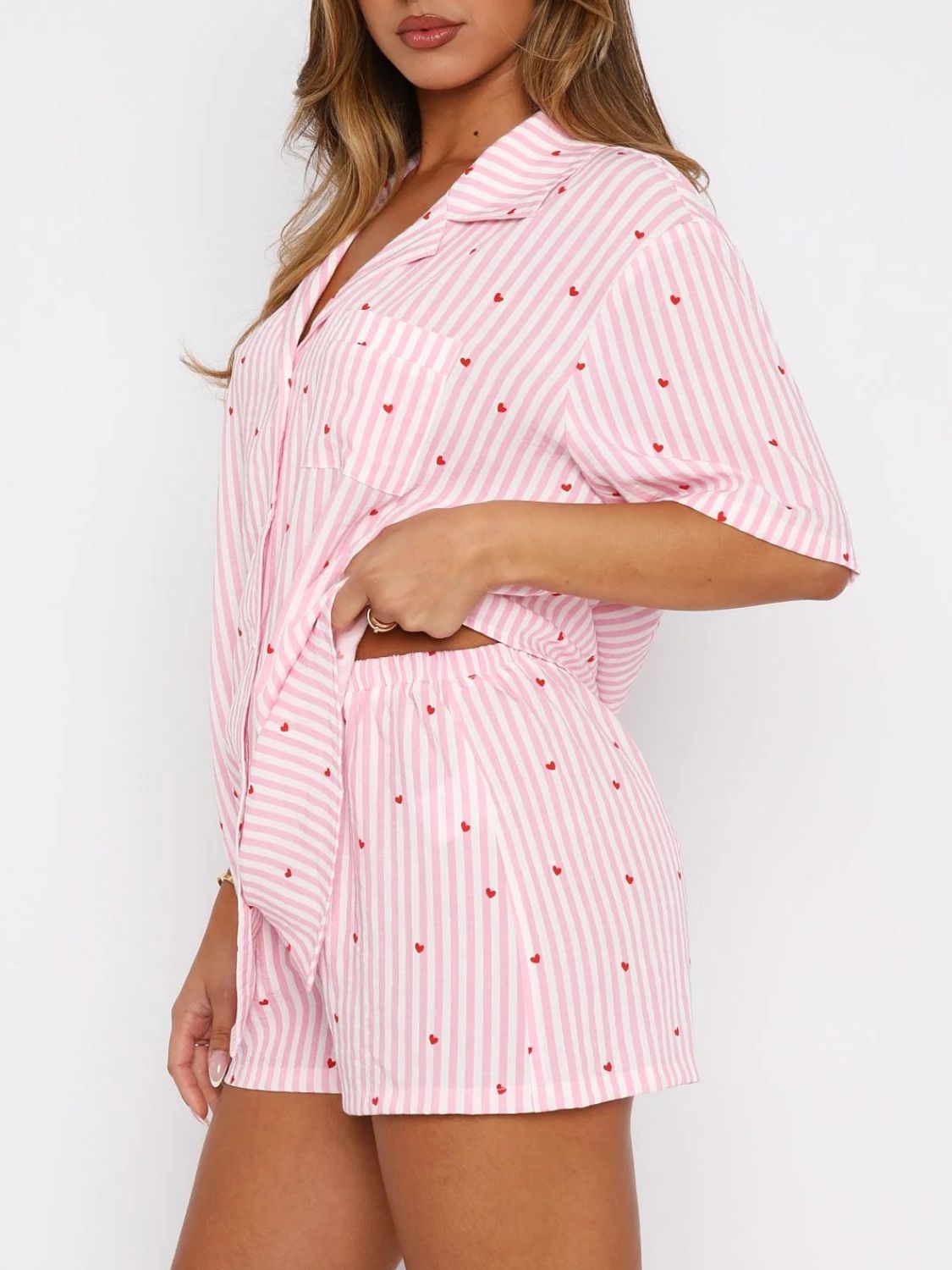 Valentine's Day Printed Collared Neck Short Sleeve Top And Shorts Set
