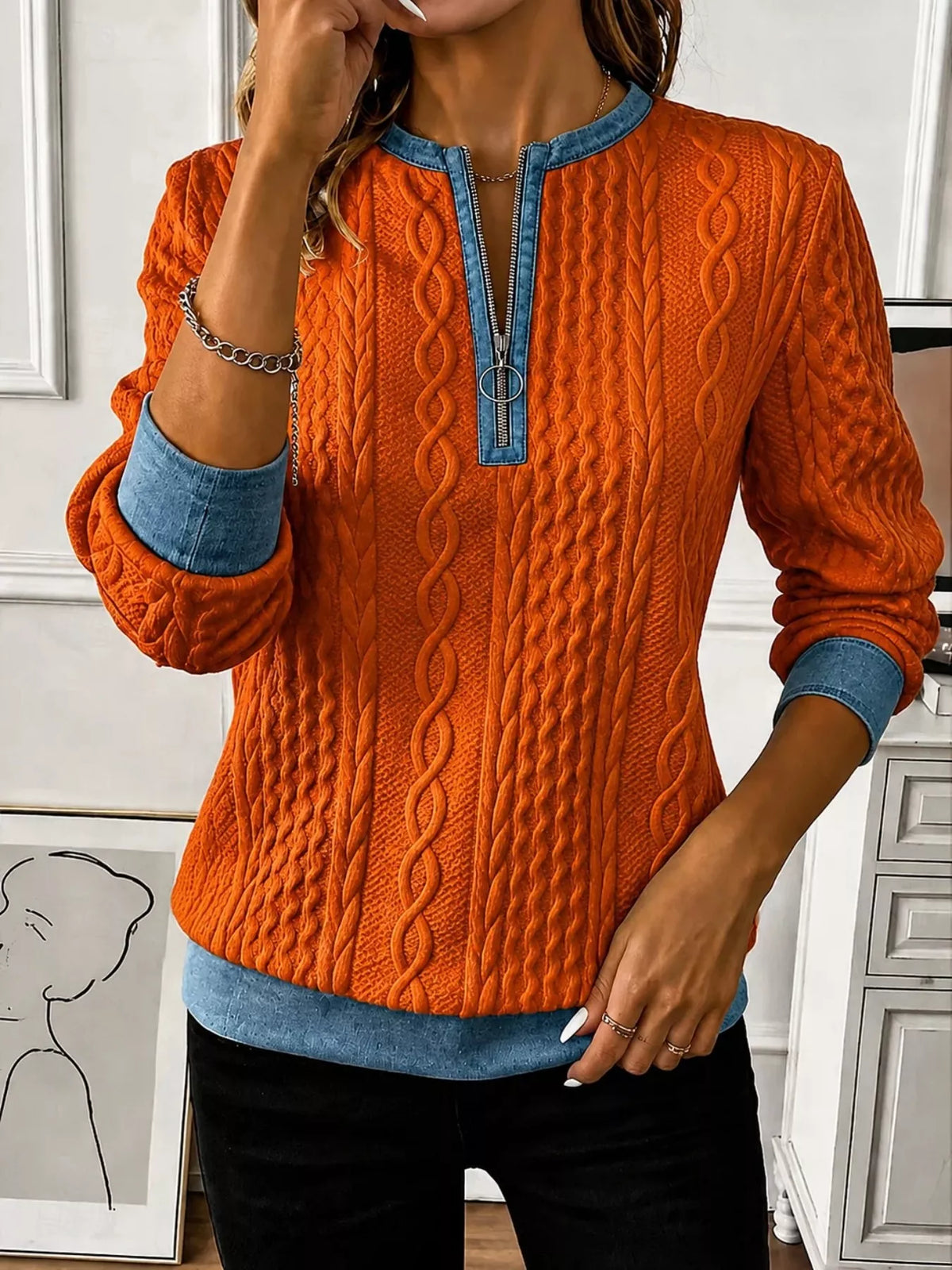 Plus Size Cable-Knit Quarter-Zip Sweatshirt