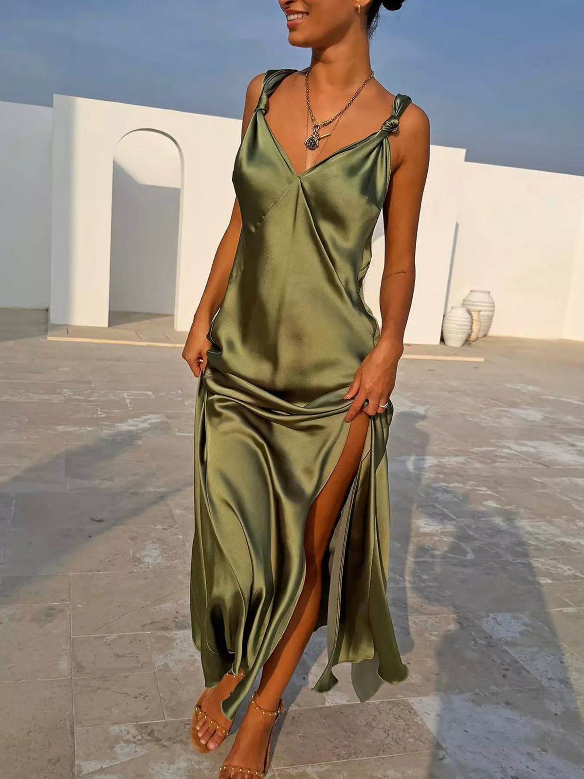 Sally's Satin V-Neck Slit Maxi Dress