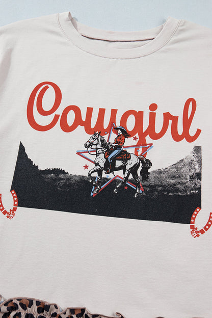 White Retro Cowgirl Print Leopard Ruffle Hem Patchwork T Shirt