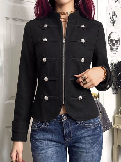 Decorative Button Zip Up Outerwear