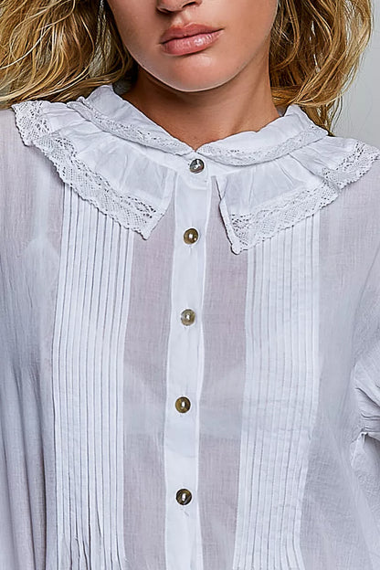POL Woven Lace Trim Pintuck Button-Down Shirt