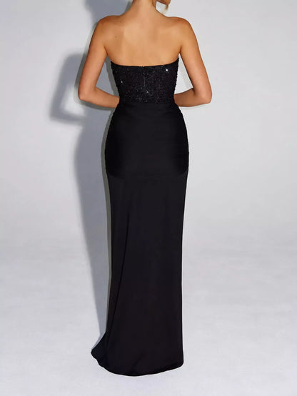 Elegant Strapless Sequin Corset Maxi Dress with Draped Waist Detail