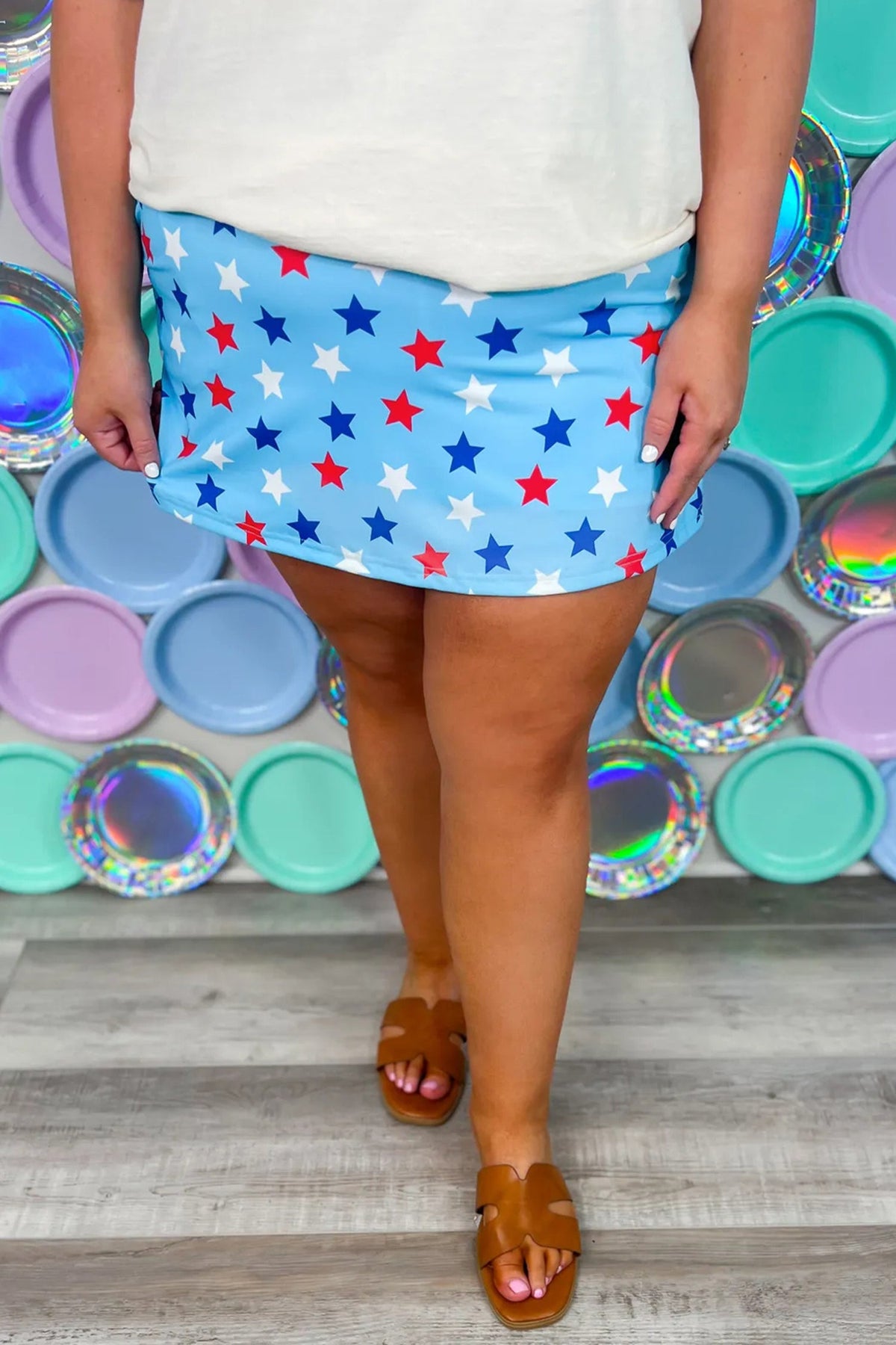 Sky Blue Patriotic Star Printed Beaded Drawstring Mini Skort
