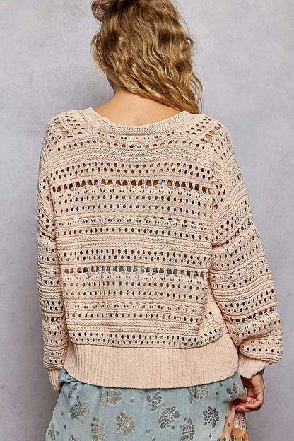 POL Open-Knit Floral Button Cardigan