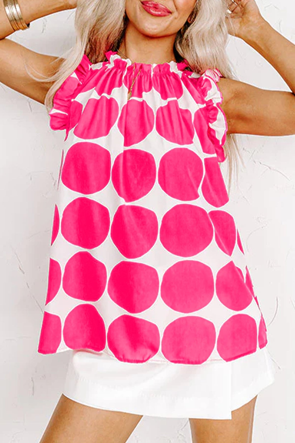 Blue Polka Dot Print Frilled Round Neck Shift Tank Top