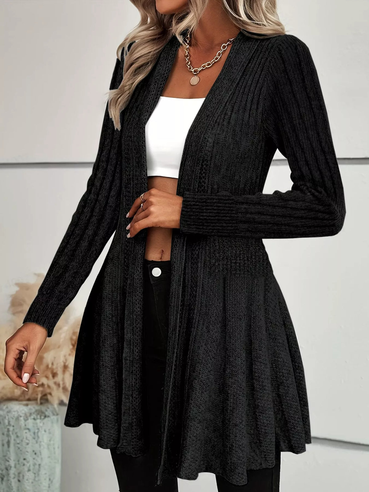 Elegant Ribbed Knit Open Front Flared Cardigan