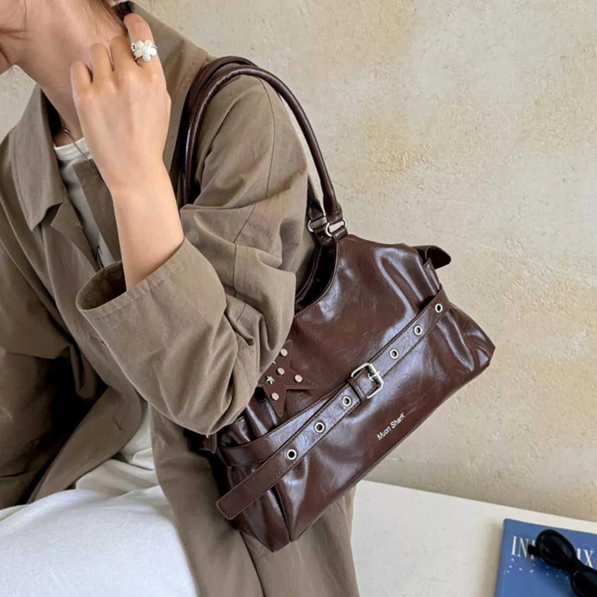 Buckle Detail Leather Shoulder Bag