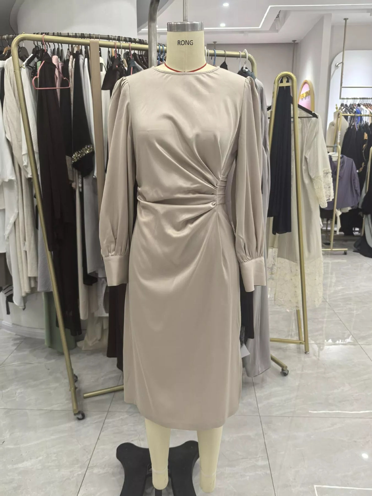 Long Sleeve Satin Ruched Midi Dress