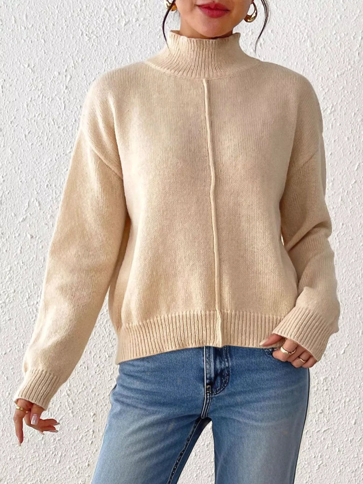 Center Seam Detail Turtleneck Sweater for Women
