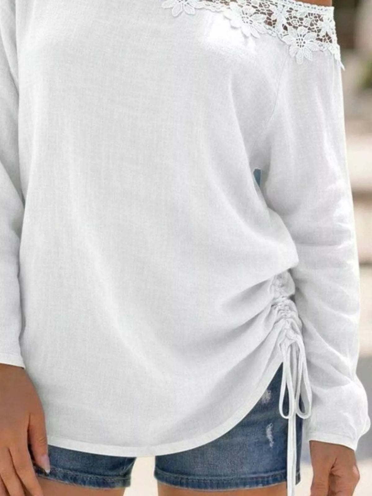 Lace Trim One Shoulder Ruched Top