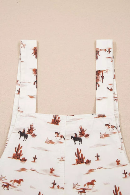 Western Printed Button Adjustable Straps Loose Jumpsuit