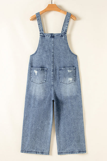 Stone Blue Distressed Bib Pocket Wide Leg Denim Overall