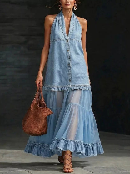 Full Size Ruffle Hem Sleeveless Sheer Tulle Denim Dress Plus Size