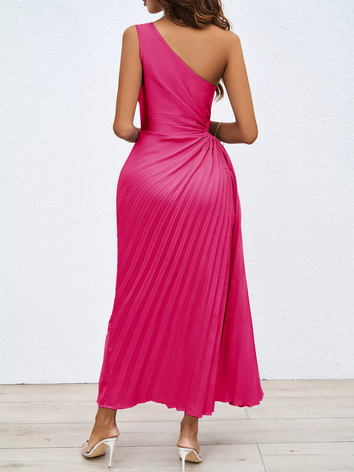One-Shoulder Cutout Pleated Midi Dress