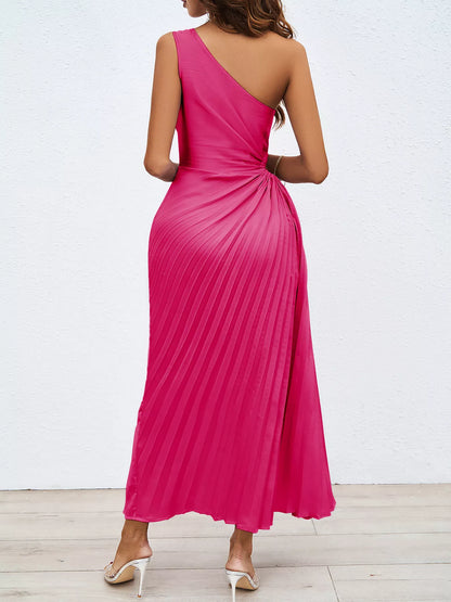 One-Shoulder Cutout Pleated Midi Dress