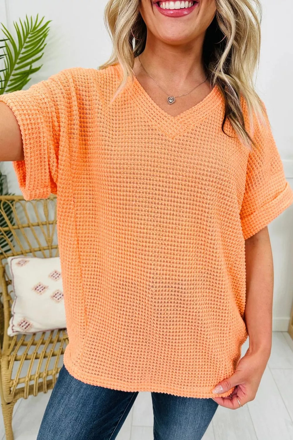 Textured Waffle Knit V-Neck T-Shirt