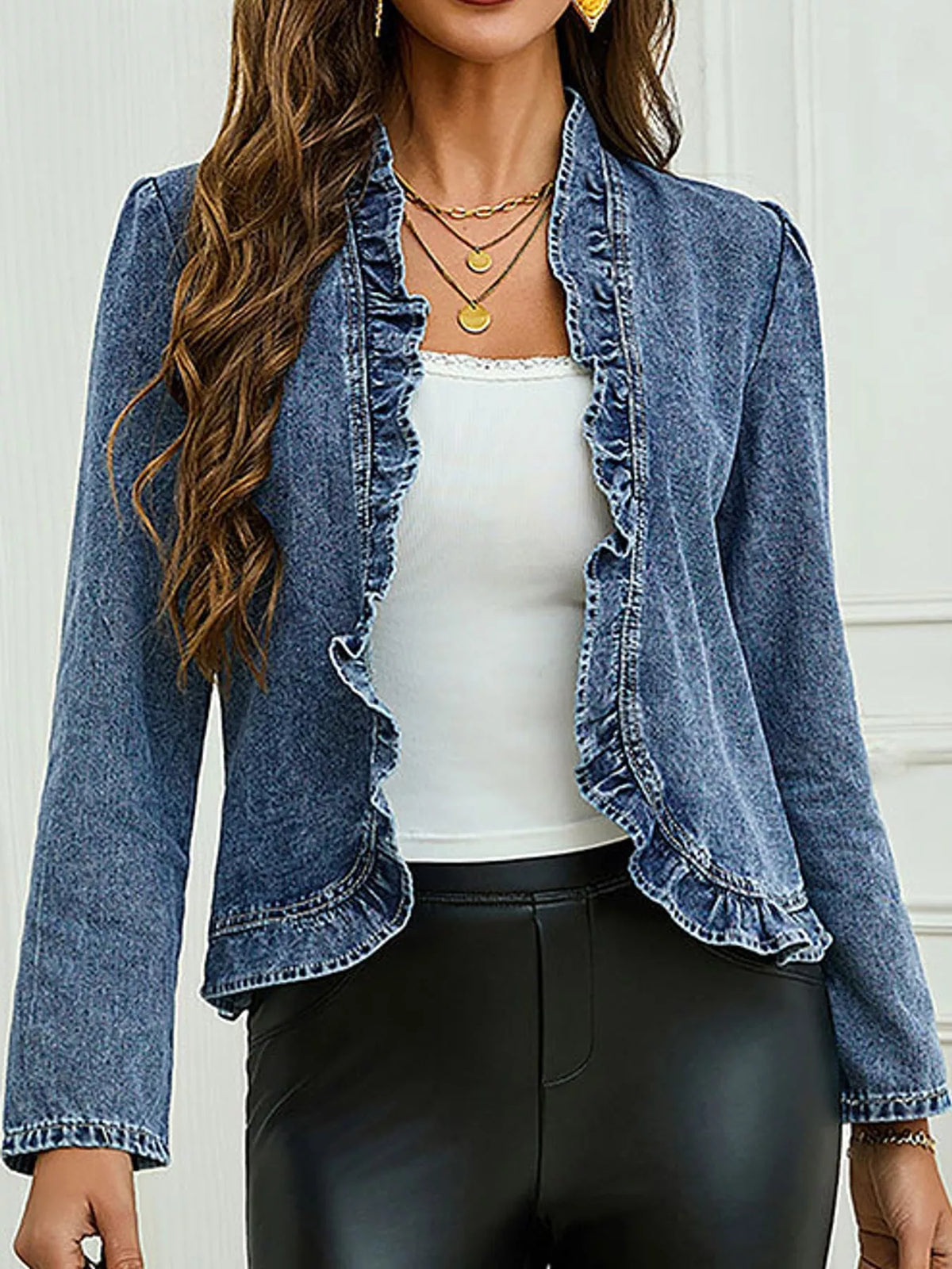 Full Size Open Front Ruffled Trim Washed Denim Jacket Plus Size