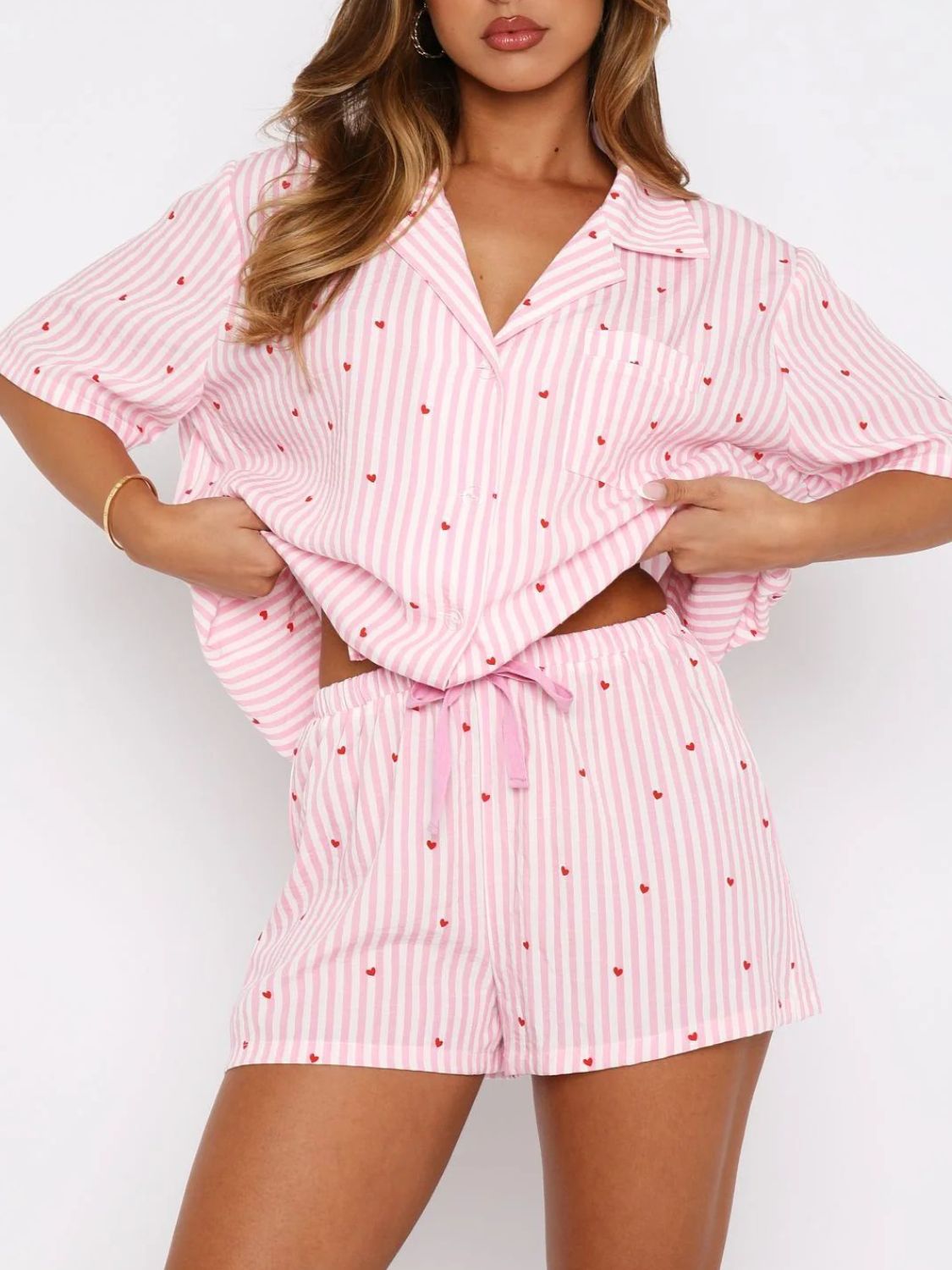 Valentine's Day Printed Collared Neck Short Sleeve Top And Shorts Set
