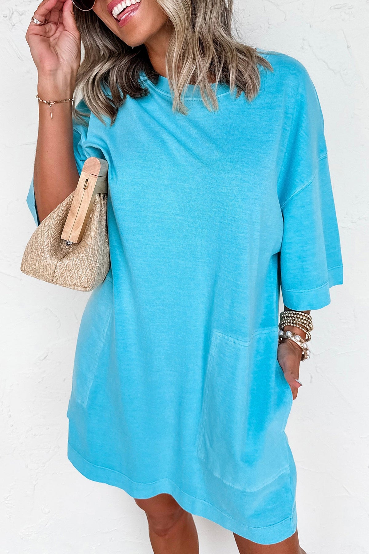 Light Blue Drop Shoulder Loose Casual T Shirt Mini Dress