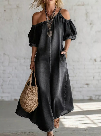 Asymmetrical Neck Denim Maxi Dress with Pockets