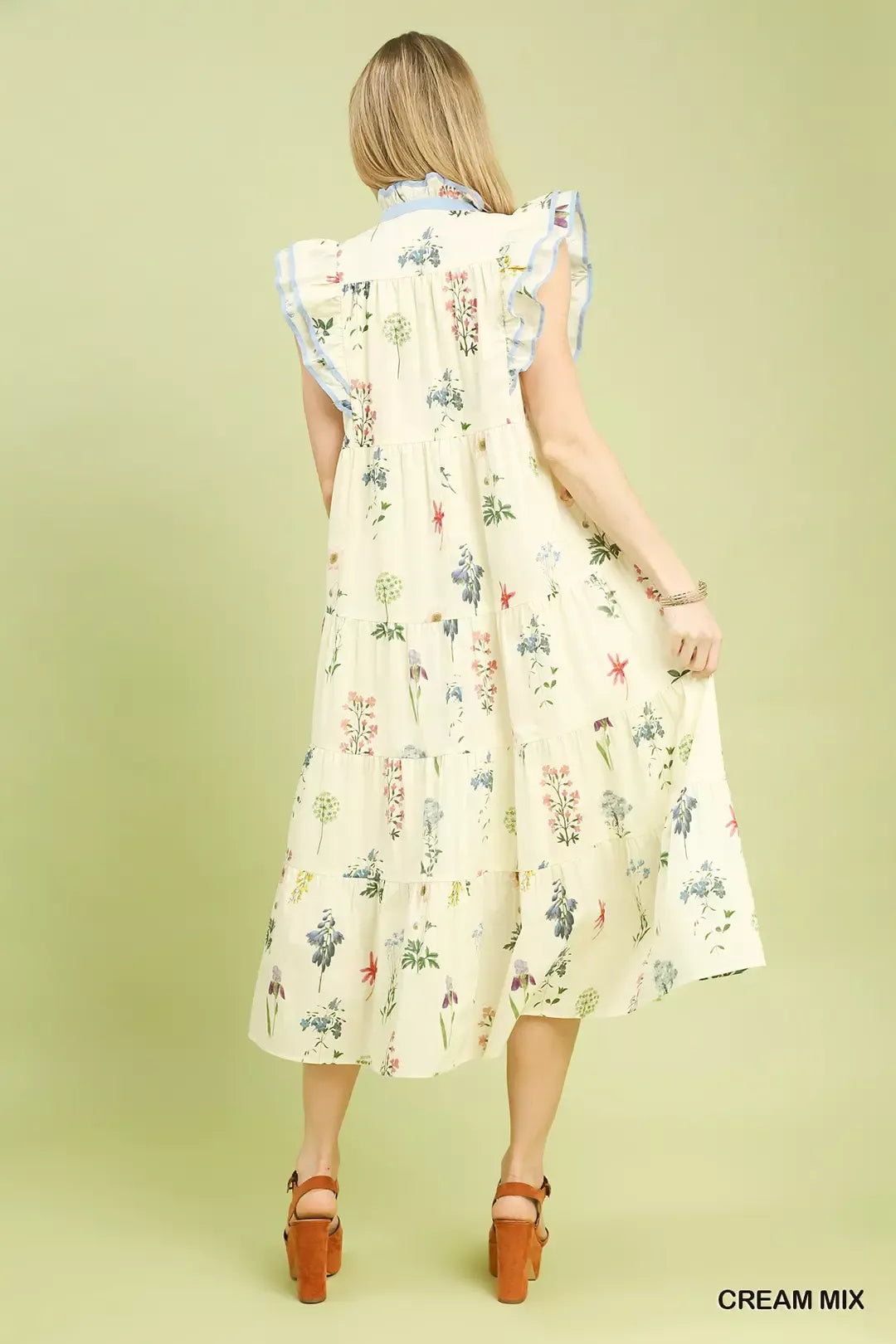 Umgee Mix Floral Tiered Ruffle Midi Dress