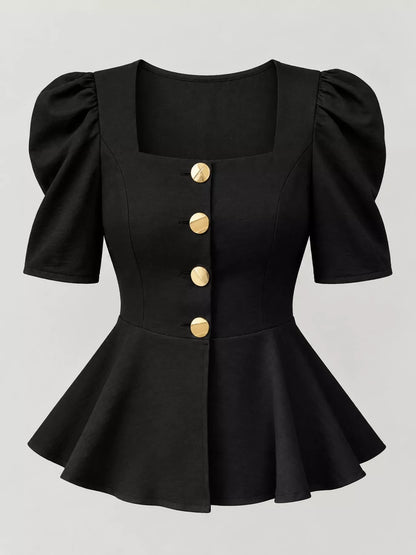 Square Neck Puff Sleeve Peplum Blouse