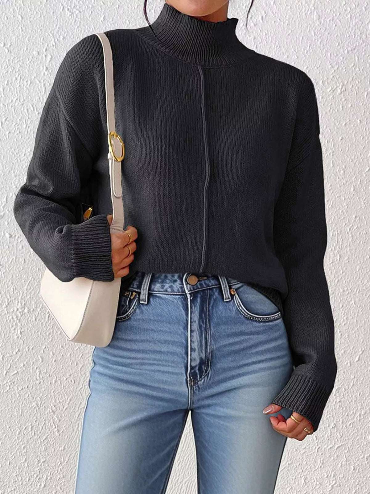 Center Seam Detail Turtleneck Sweater for Women