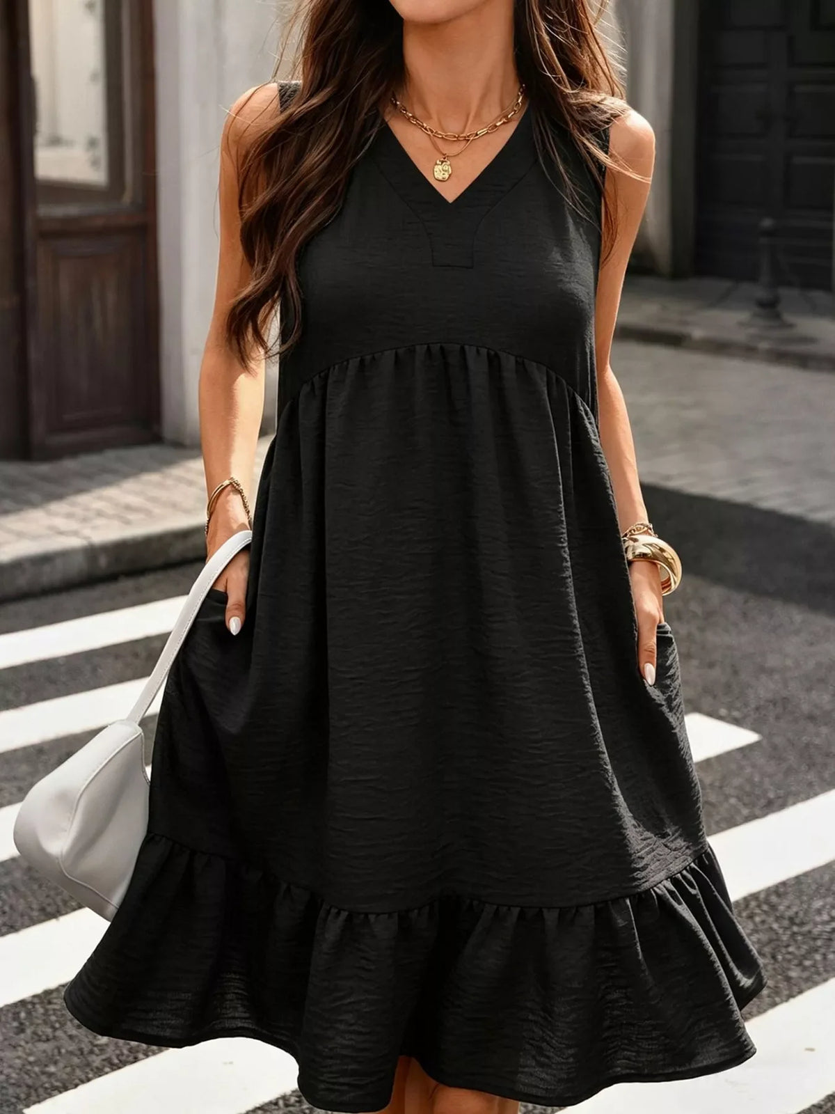 Sleeveless V-Neck Ruffle Hem Casual Dress