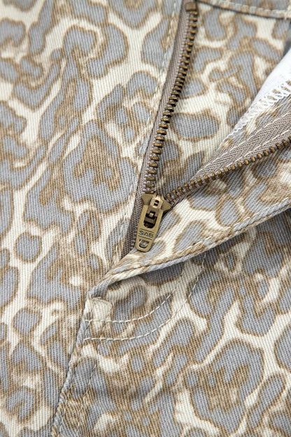 Raw Edge Leopard Print Denim Shorts
