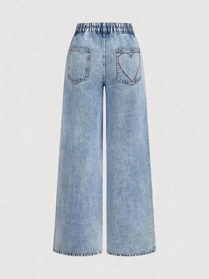 Embroidered Heart Wide-Leg Jeans