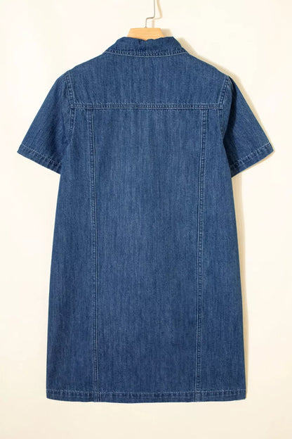 Zip Up Collared Short Sleeve Shift Mini Denim Dress
