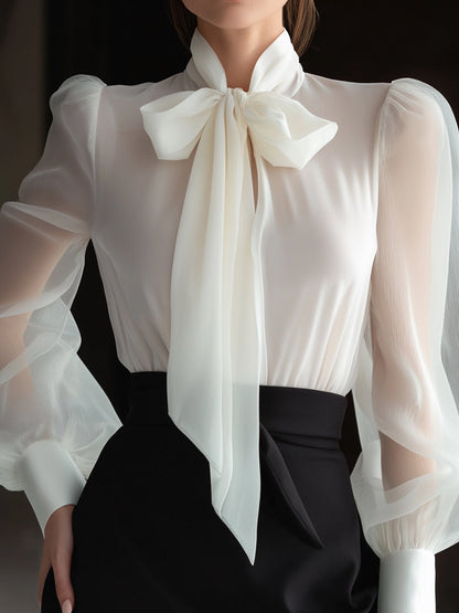 Sheer Bow-Tie Blouse & High-Waist Pencil Skirt Two-Piece Set