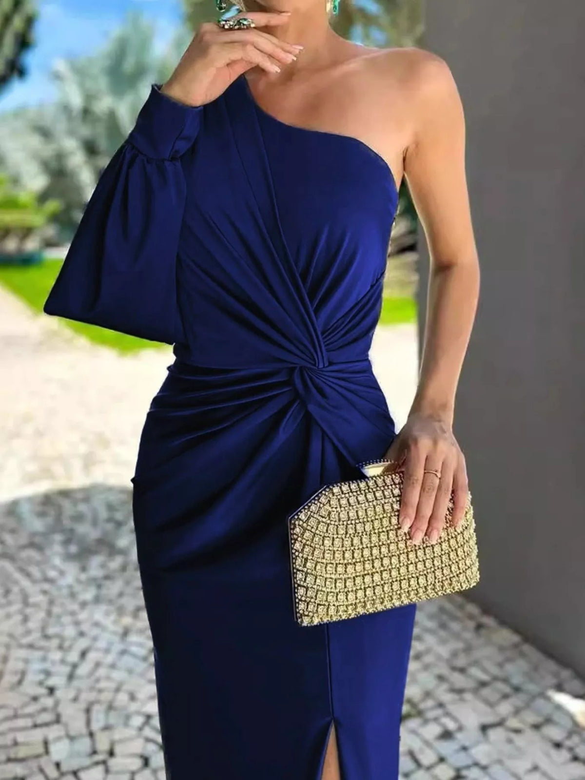 Full Size One-Shoulder Knot Detail Slit Maxi Dress Plus Size