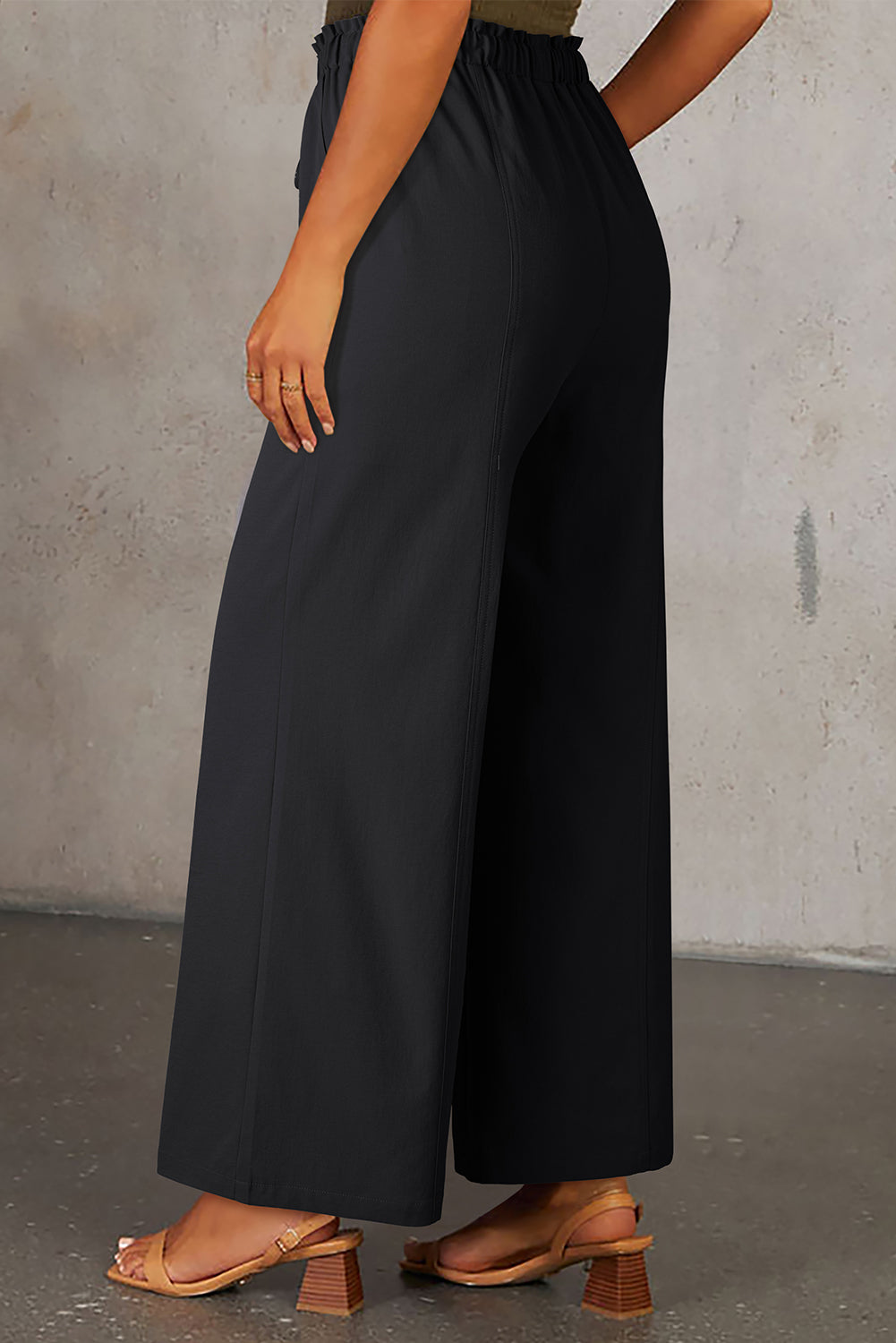 Black Solid Color Drawstring Elastic Waist Casual Loose Pants