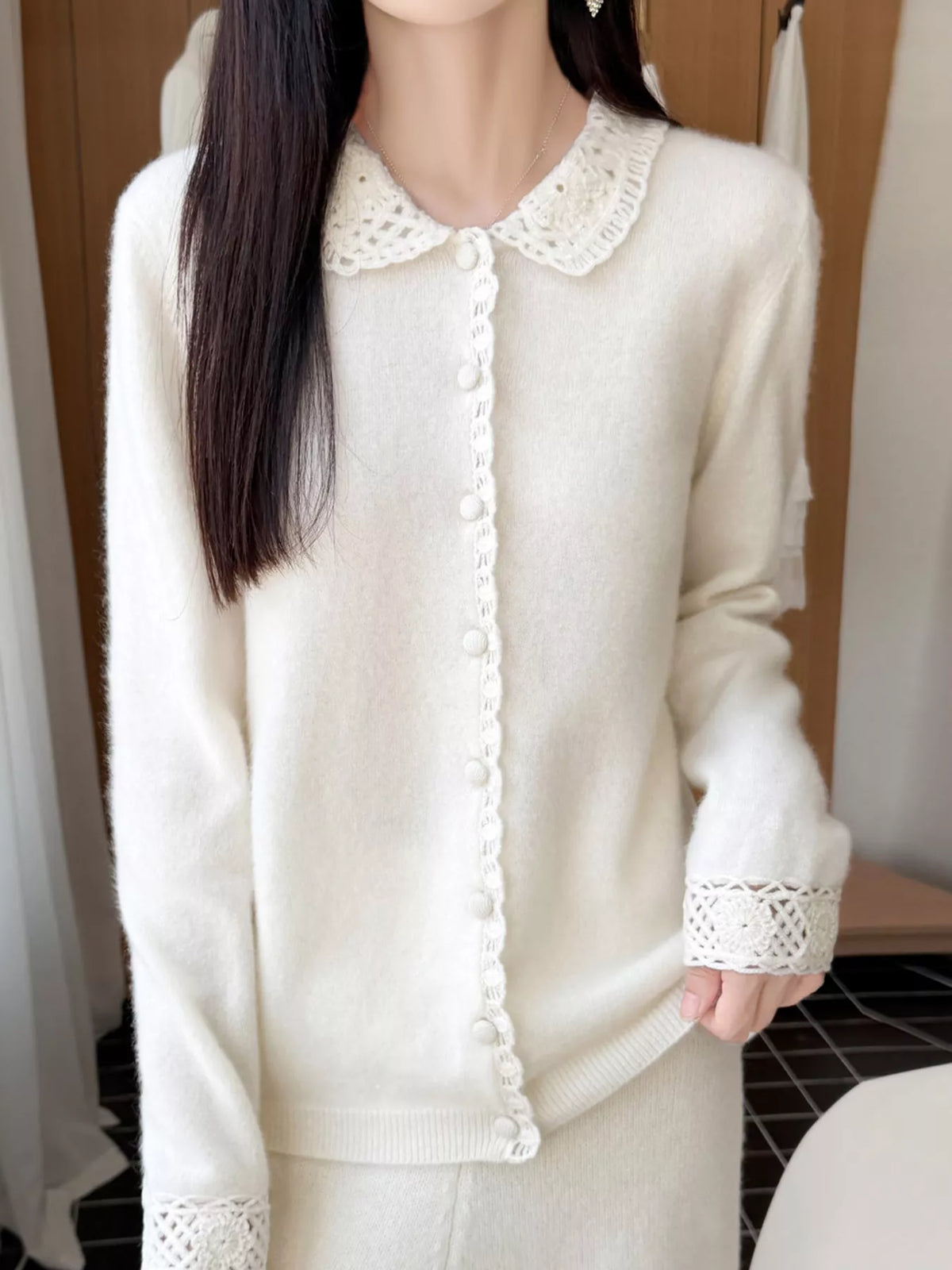 Lace-Collar Button Down Knit Cardigan