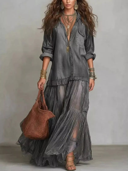 Full Size Sheer Tiered Long Sleeve Maxi Dress Plus Size