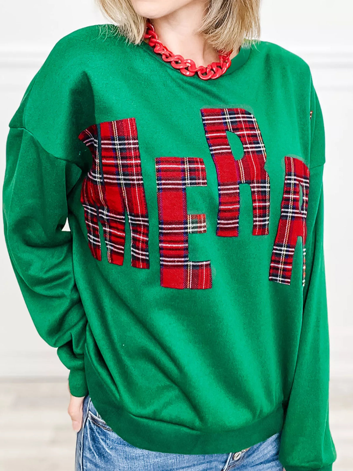 Plaid Letter Graphic Round Neck Sweatshirt