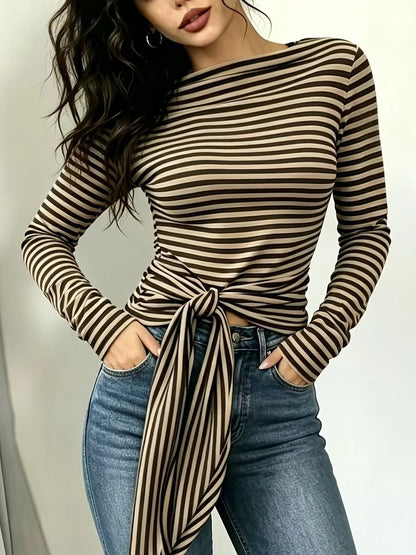 Long Sleeve Striped T-Shirt with Front Tie Detail