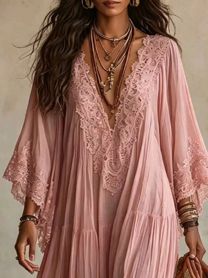 Lace Trim V-Neck Maxi Dress | Feminine Boutique Style