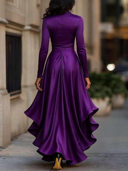 Midnight Blue Draped Satin Maxi Dress With Ruffle Details